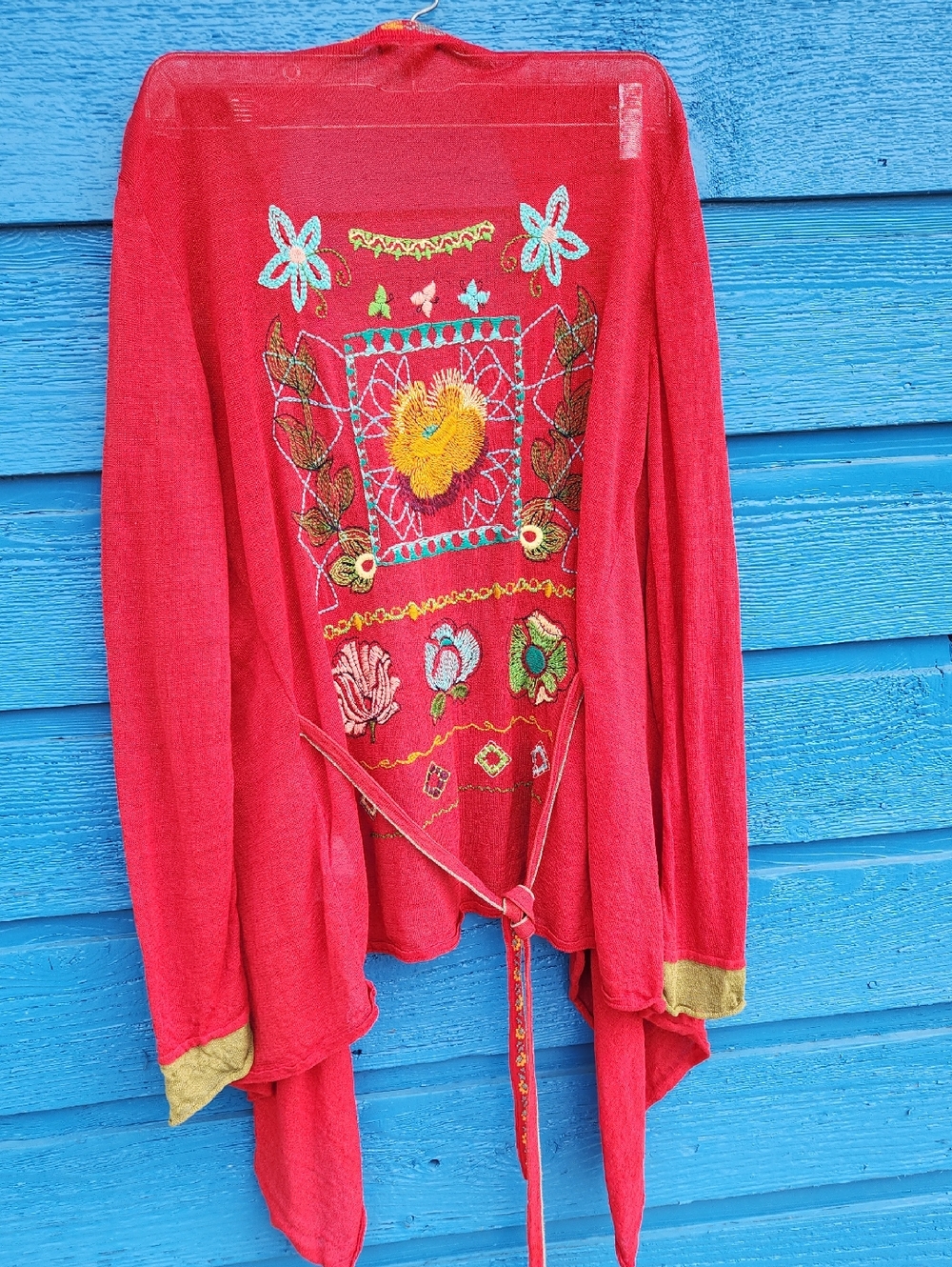 Red Embroidered Open-Front Women's Cardigan Sweater - Picture 6 of 8